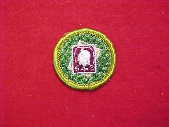 STAMP COLLECTING, MERIT BADGE WITH CLOTH BACK, GREEN BORDER, 1969-72
