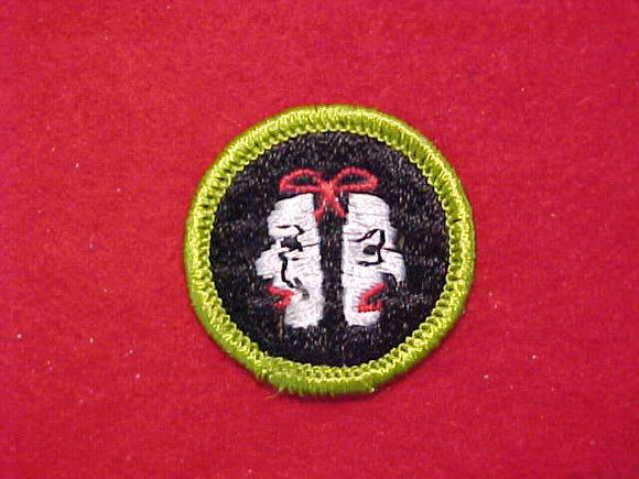 THEATER (NAMED DRAMATICS 1960-66, THEN NAME CHANGED TO THEATER, SAME DESIGN), MERIT BADGE WITH CLOTH BACK, GREEN BORDER, 1960-72