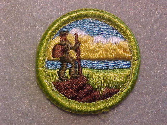 HIKING, MERIT BADGE WITH CLEAR PLASTIC BACK, GREEN BORDER, NO IMPRINTS/LOGOS IN PLASTIC