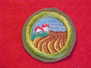 SOIL AND WATER CONSERVATION, MERIT BADGE WITH CRIMPED EDGE, KHAKI, ISSUED 1946-60