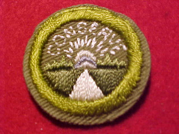CONSERVATION MERIT BADGE, CRIMPED EDGE, TAN, ISSUED 1936-45