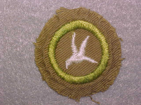 BIRD STUDY, MERIT BADGE WITH CRIMPED EDGE, TAN, ISSUED 1936-45