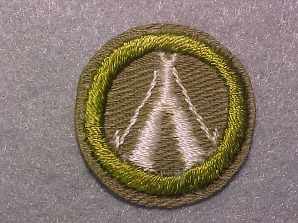 CAMPING, MERIT BADGE WITH CRIMPED EDGE, TAN, ISSUED 1936-45