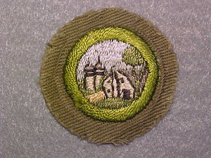 FARM HOME AND PLANNING, MERIT BADGE WITH CRIMPED EDGE, TAN, ISSUED 1936-45