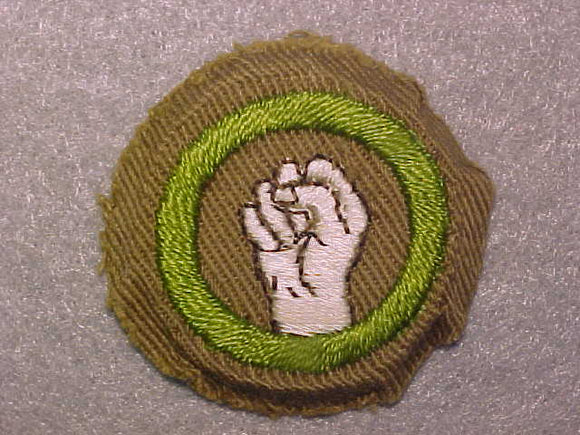 PHYSICAL DEVELOPMENT, MERIT BADGE WITH CRIMPED EDGE, TAN, ISSUED 1936-45