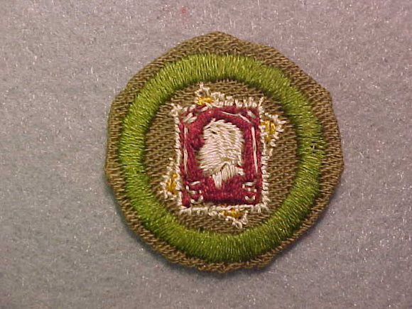 STAMP COLLECTING, MERIT BADGE WITH CRIMPED EDGE, TAN, ISSUED 1936-45