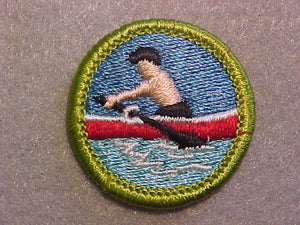 ROWING, NO PFD 1972-2008, MERIT BADGE WITH CLEAR PLASTIC BACK, GREEN BORDER, NO IMPRINTS/LOGOS IN PLASTIC