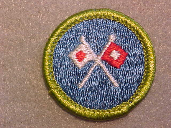 SIGNALING, MERIT BADGE WITH CLEAR PLASTIC BACK, GREEN BORDER, NO IMPRINTS/LOGOS IN PLASTIC