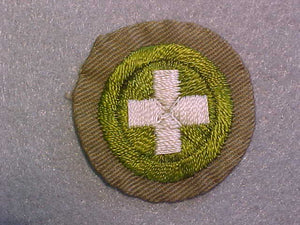 SAFETY MERIT BADGE, WIDE BORDER CRIMPED, ISSUED 1932-36, USED