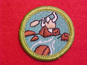 WHITEWATER, MERIT BADGE WITH CLEAR PLASTIC BACK, GREEN BORDER, NO IMPRINTS/LOGOS IN PLASTIC