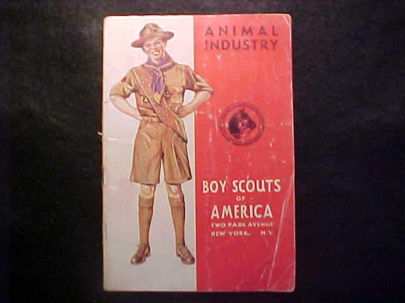 ANIMAL INDUSTRY MERIT BADGE BOOK, TYPE 4 COVER, COPYRIGHT 1944, MARCH 1944 PRINTNG FAIR COND.