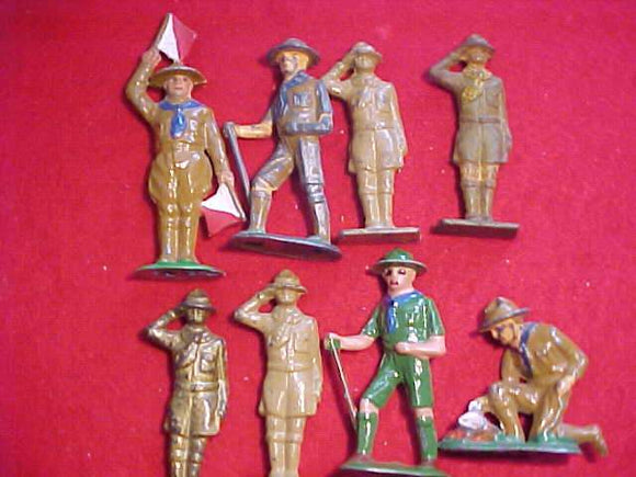 FIGURES, SET OF 8 1920'S-30'S LEAD/IRON BOY SCOUTS, 4 SALUTING, 1 SEMAPHORE SIGNALING, 2 HIKING, 1 COOKING