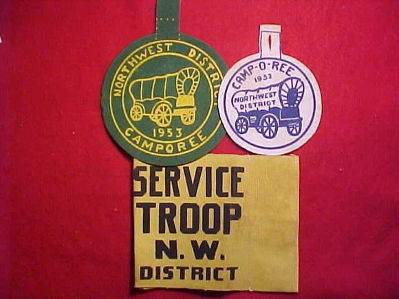 PATCH, 1952/1953 FELT/FLOCKED NORTHWEST DISTRICT CAMPOREE QTY=2, PLUS ARMBAND FOR SERVICE TROOP