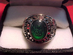 RING, EAGLE SCOUT, GREEN STONE, EAGLE MEDAL DESIGN, SCOUT'S NAME "JASON" ON ONE SIDE, "95" ON THE OTHER