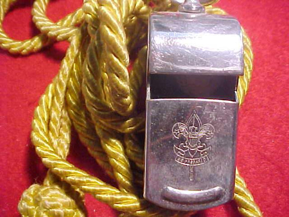 WHISTLE AND GOLD LANYARD, 1940'S BOY SCOUT WITH FIRST CLASS EMBLEM ON WHISTLE