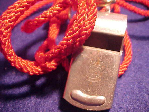WHISTLE AND RED LANYARD, 1940'S BOY SCOUT WITH FIRST CLASS EMBLEM ON WHISTLE, VARIETY #1