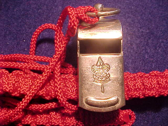 WHISTLE AND RED LANYARD, 1940'S BOY SCOUT WITH FIRST CLASS EMBLEM ON WHISTLE, VARIETY #2