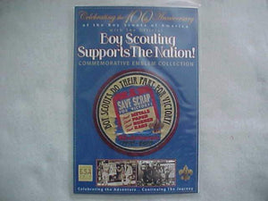 BSA PATCH & CARD, BOY SCOUTING SUPPORTS THE NATION, SAVE SCRAP, (1942) BUE CARD