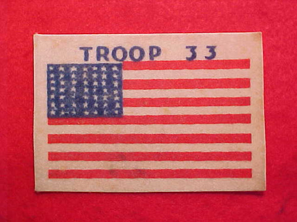 PATCH, TROOP 33 USA FLAG, FELT, FLOCKED ON COMPOSITION, OLD