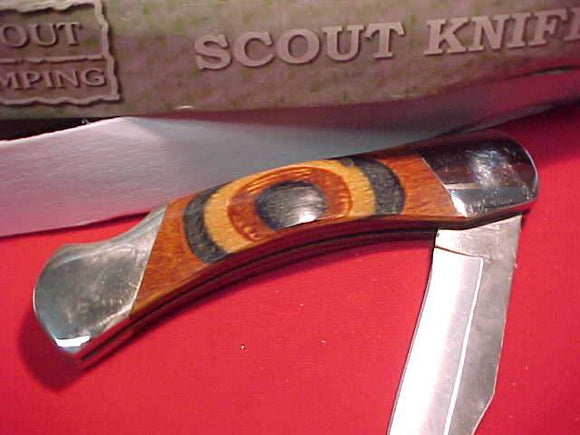 BOY SCOUT KNIFE, LOCK BACK BLADE, BEAR MGC/USA, 3 COLOR WOOD HANDLE, 4