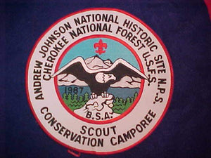 JACKET PATCH, 1987 ANDREW JOHNSON NATIONAL HISTORIC SITE N.P.S/CHEROKEE NATIONAL FOREST U.S.F.S SCOUT CONSERVATION CAMPOREE, 8" ROUND
