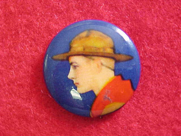BUTTON, 1930'S-40'S ERA, SCOUT IN CAMPAIGN HAT PROFILE, CELLULOID, PIN BACK, 22MM DIAMETER