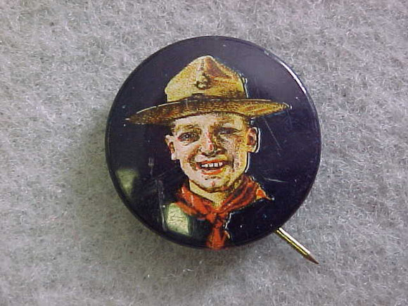 BUTTON, 1920'S ISSUE, SMILING SCOUT, CELLULOID, PIN BACK, 23MM DIAMETER