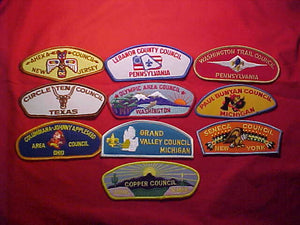 BSA SHOULDER PATCHES,  REPRODUCTIONS, SET OF 10 DIFFERENT: CIRCLE TEN, PAUL BUNYAN, COLUMBIANA-JOHNNY APPLESEED, OLYMPIC AREA, COPPER, SENECA, LEBANON COUNTY, WASHINGTON TRAIL, AHEKA, GRAND VALLEY