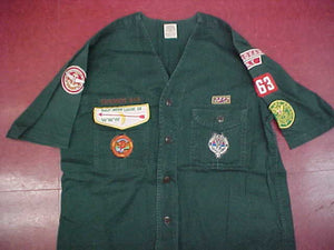EXPLORER SHIRT (1950'S) W/ OA LODGE 28 F1 FIRST FLAP, SIVER AWARD, TYPE 1 PATCH, PHILMONT "DOLLAR" PATCH, ASSISTANT SCOUTMASTER PATCH, ASHOKAN & N.Y. RED/WHITE STRIPS, EAGLE SQUARE KNOT