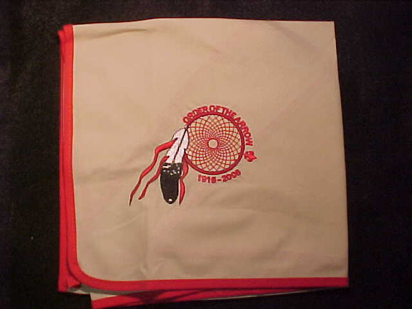 OA NECKERCHIEF, 1915-2005, EMBROIDERED ON TAN COTTON, RED PIPING