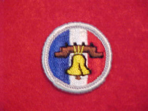 CITIZENSHIP IN THE NATION, MERIT BADGE WITH CLOTH BACK, SILVER BORDER, ISSUED 1969 TO 1972