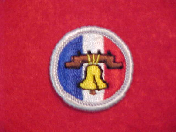 CITIZENSHIP IN THE NATION, MERIT BADGE WITH CLOTH BACK, SILVER BORDER, ISSUED 1969 TO 1972