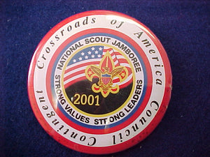 2001 pin back button, crossroads of america, 3" diameter