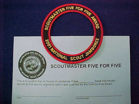2001 award patch + certificate, scoutmaster five for five award, to be worn around the adult leader pocket patch, rare