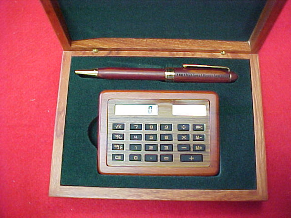 2001 calculator/pen set, laser cut wood box