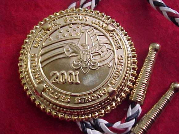 2001 NJ BOLO, TOKEN STYLE, GOLD COLOR, RED/WHIT/BLACK LEATHER CORD