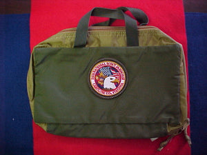 2005 NJ shower caddy bag, has rare jamboree patch sewn onto it, 2 5/8" diameter, green bdr., mint