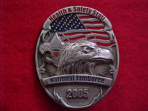 2005 NJ badge, health & safety staff, heavy cast metal w/ 2 pins on back, 2x2.5"