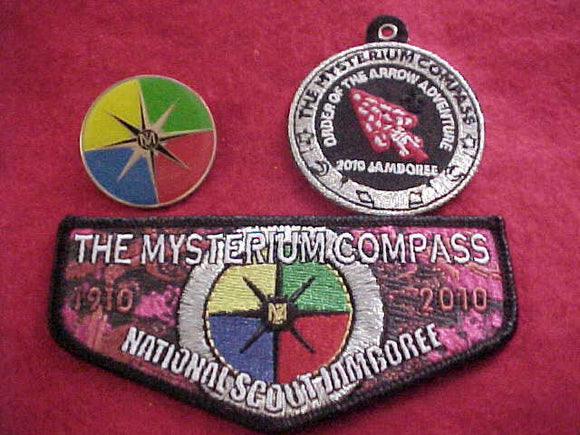 2010 NJ ORDER OF THE ARROW SET, CONTAINS MYSTERIUM COMPASS POCKET FLAP/ADVENTURE STAFF ID PATCH & PIN, RARE