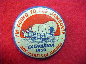 53 NJ pin back button, california, "I'm going…" dk. blue bdr., 37mm diameter