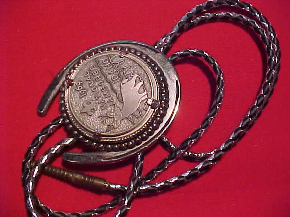 1969 NJ BOLO, TOKEN STYLE, HORSESHOE MOUNT, BLACK & SILVER LEATHER CORD