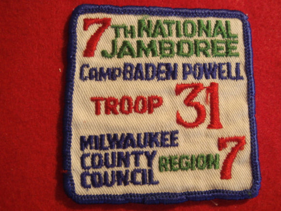 69 NJ Milwaukee County Council contingent patch, used, Troop 31, Region 7