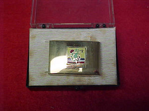 1973 NJ BELT BUCKLE, SOLID BRASS, IN ORIGINAL BOX. BUCKLE IS MINT, BOX INTERIOR IS STAINED