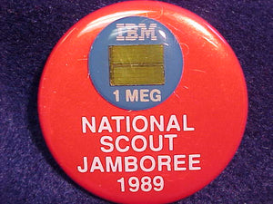 1989 NJ PIN BACK BUTTON, IBM 1 MEG COMPUTER CHIP, 1.75 DIAMETER