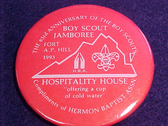 1993 NJ HERMON BAPTIST ASSN. HOSPITALITY HOUSE PIN BACK BUTTON, 2.25