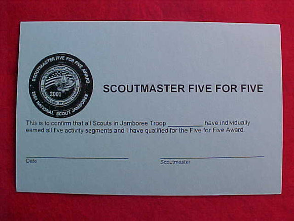 2001 NJ CERTIFICATE, SCOUTMASTER FIVE FOR FIVE