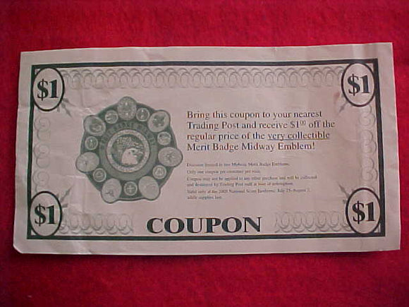 2005 NJ COUPON, $1 OFF THE MERIT BADGE MIDWAY EMBLEM