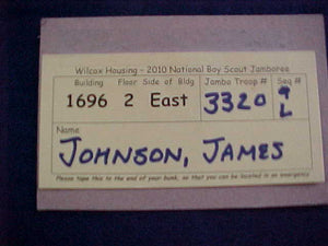 2010 NJ BUNK ID CARD, STAFF, WILCOX HOUSING