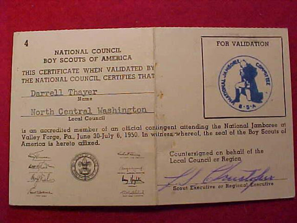 1950 POCKET CARD, PARTICIPANT, NORTH CENTRAL WASHINGTON COUNCIL