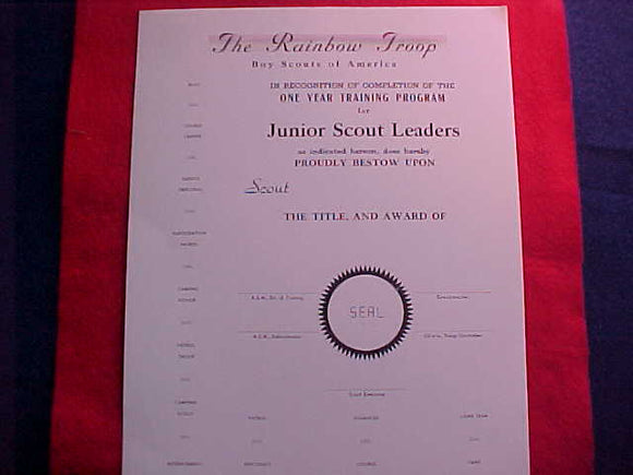 1950 NJ BLANK CERTIFICATE, ONE YEAR TRAINING PROGRAM FOR JR. SCOUT LEADERS, RAINBOW TROOP, LOS ANGELES COUNCIL